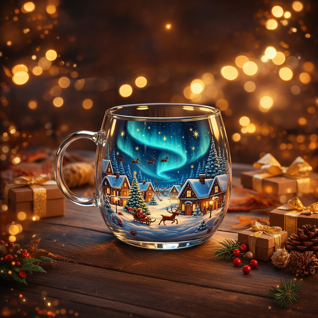 Taza de Cristal Navideña con Motivos de Invierno y Fiestas