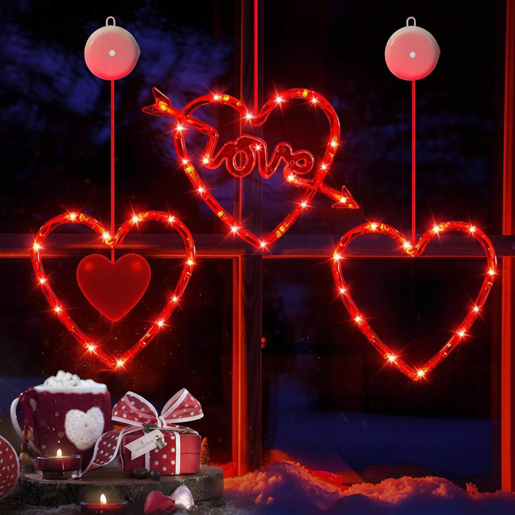 Luces LED de Corazón con Ventosa para Ventana a Pilas
