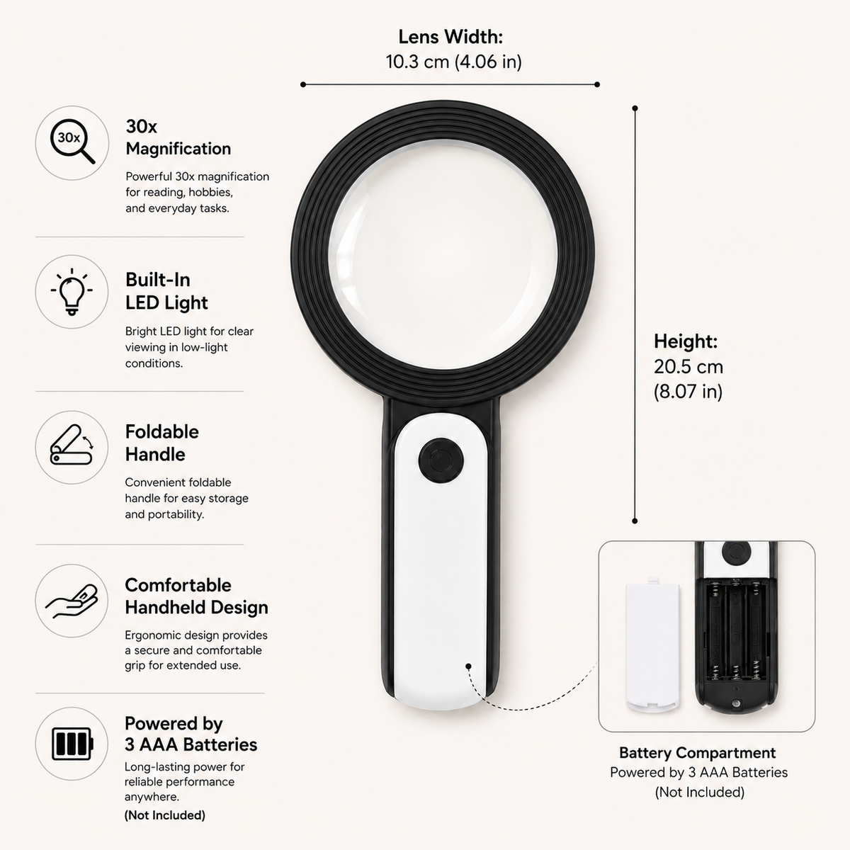 Lupa de Mano con Luz LED Plegable de 30 Aumentos para Joyas