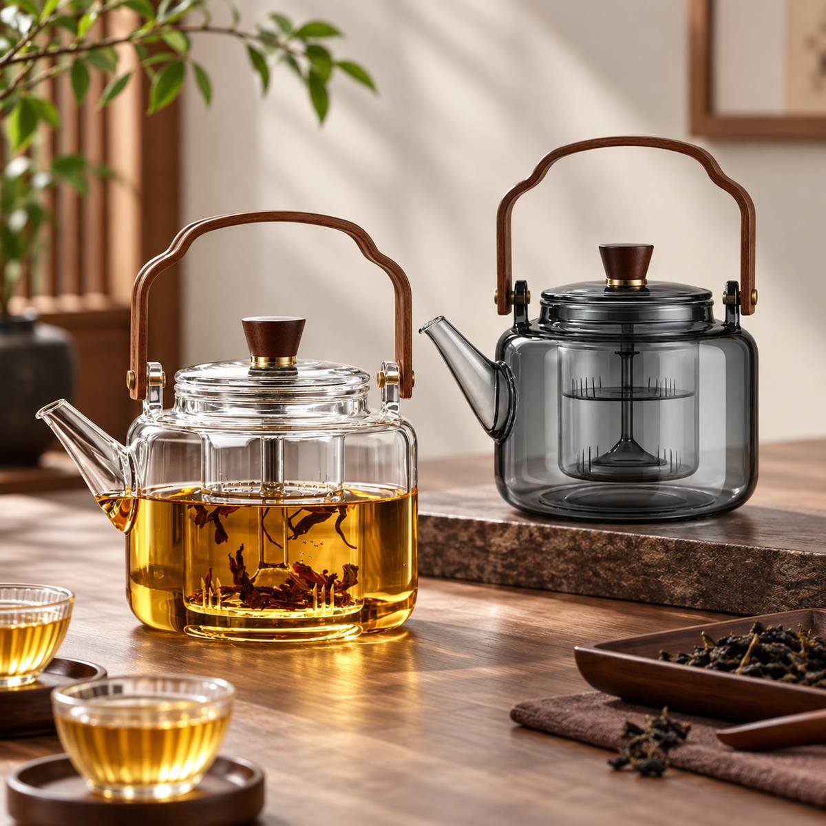 Tetera de Vidrio de Borosilicato con Infusor y Asa de Madera