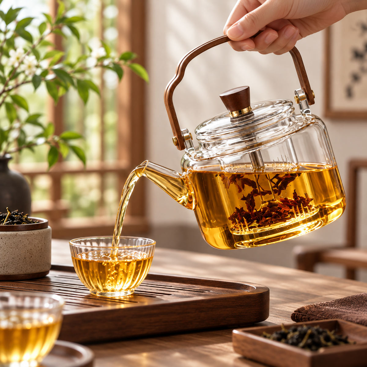 Tetera de Vidrio de Borosilicato con Infusor y Asa de Madera