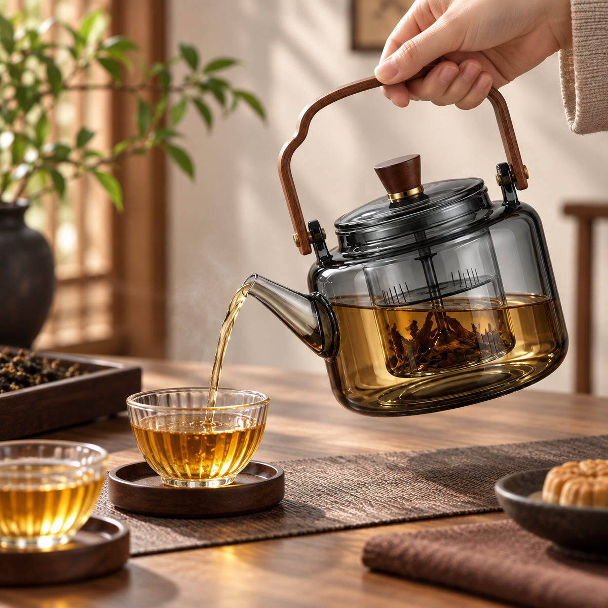 Tetera de Vidrio de Borosilicato con Infusor y Asa de Madera