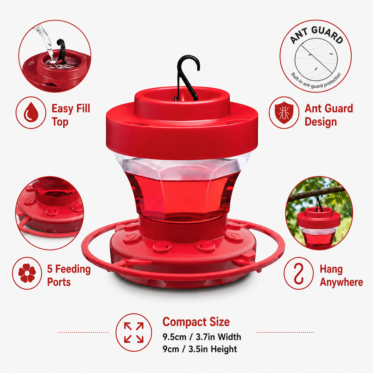 Comedero para Colibríes Colgante Rojo Fácil de Llenar