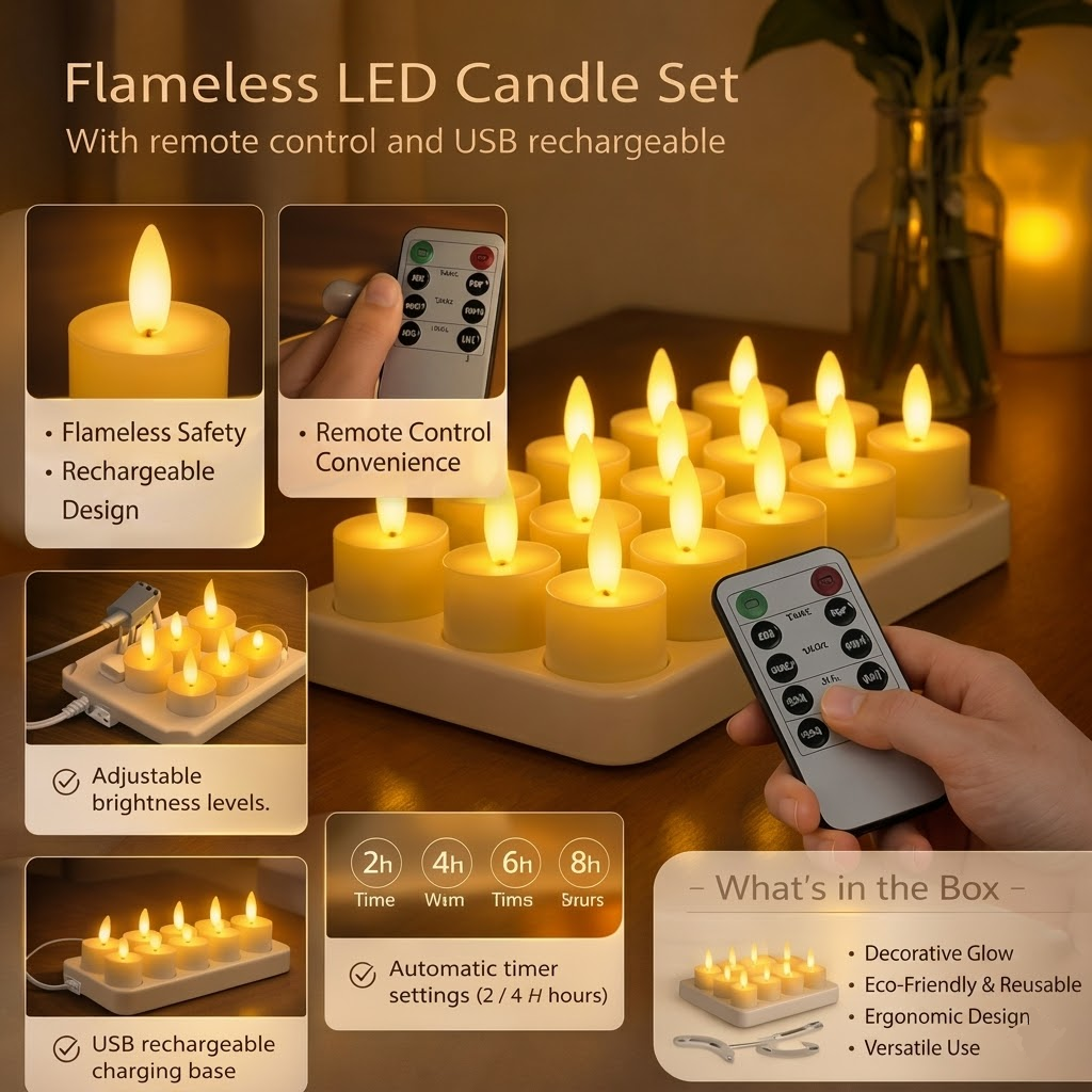 Velas LED sin Llama con Mando y Temporizador Recargables USB