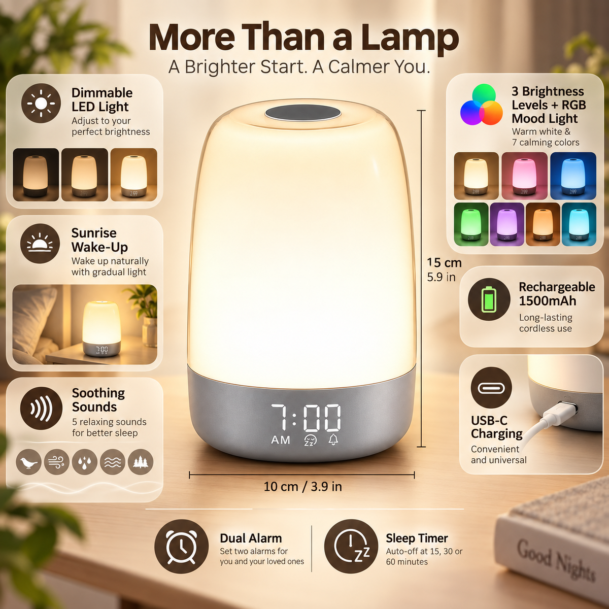 Despertador Luz Amanecer Recargable con Sonidos Naturales