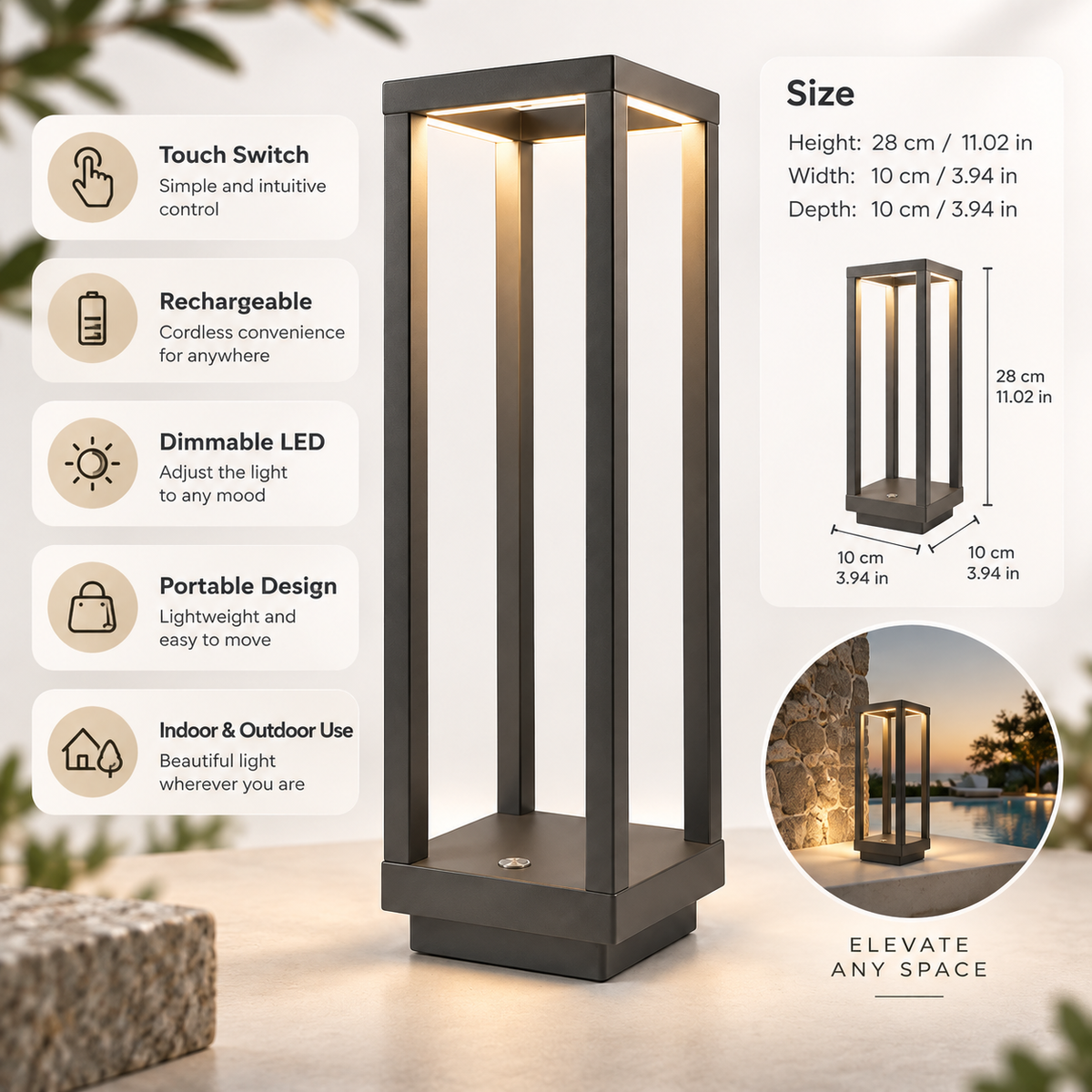 Lámpara de Mesa LED de Exterior Portátil Recargable y Táctil
