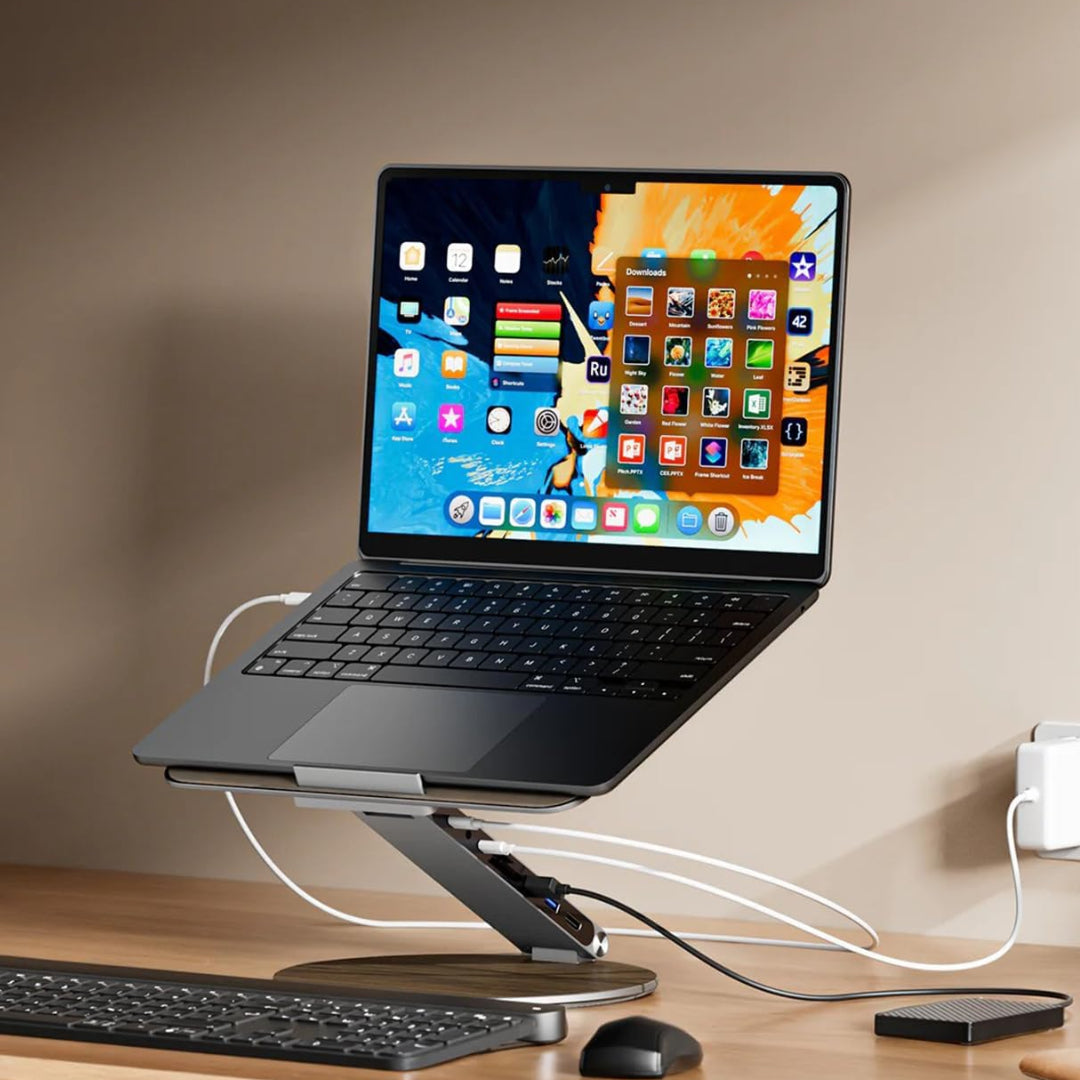 Soporte para Portátil Giratorio con Hub USB-C de Madera