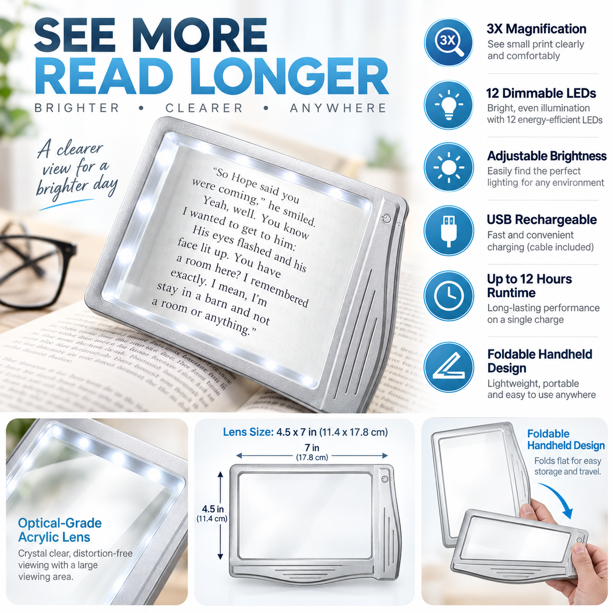 Lupa de Lectura LED Plegable Recargable USB con Aumento 3X