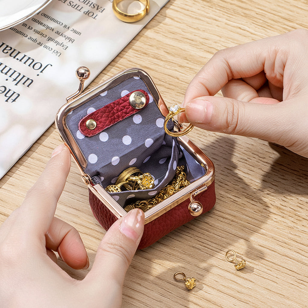 Mini Joyero de Viaje de Piel Auténtica con Cierre Dorado