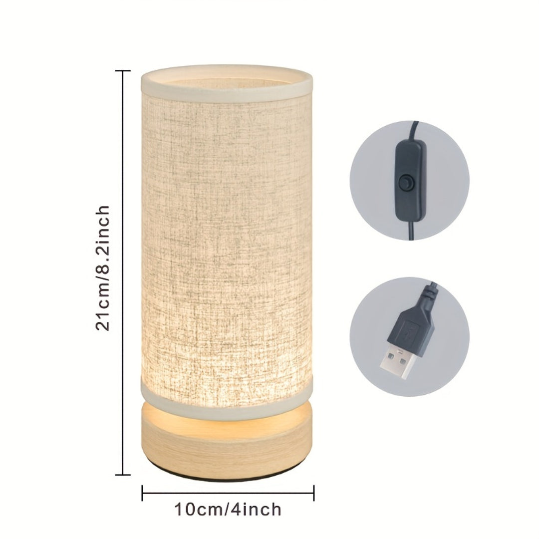 Lámpara de Mesa de Madera con Pantalla de Lino USB Noche