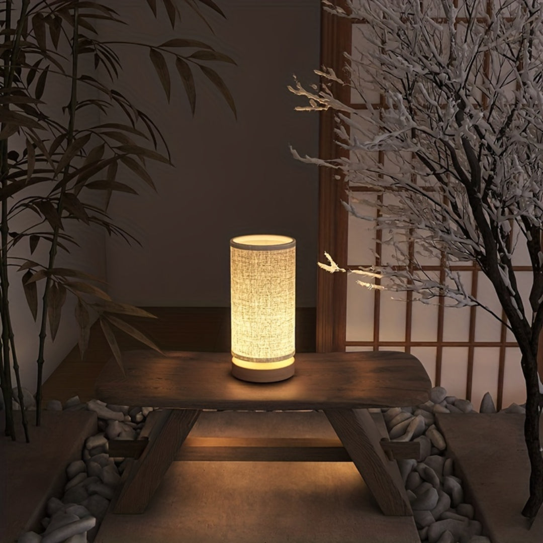 Lámpara de Mesa de Madera con Pantalla de Lino USB Noche