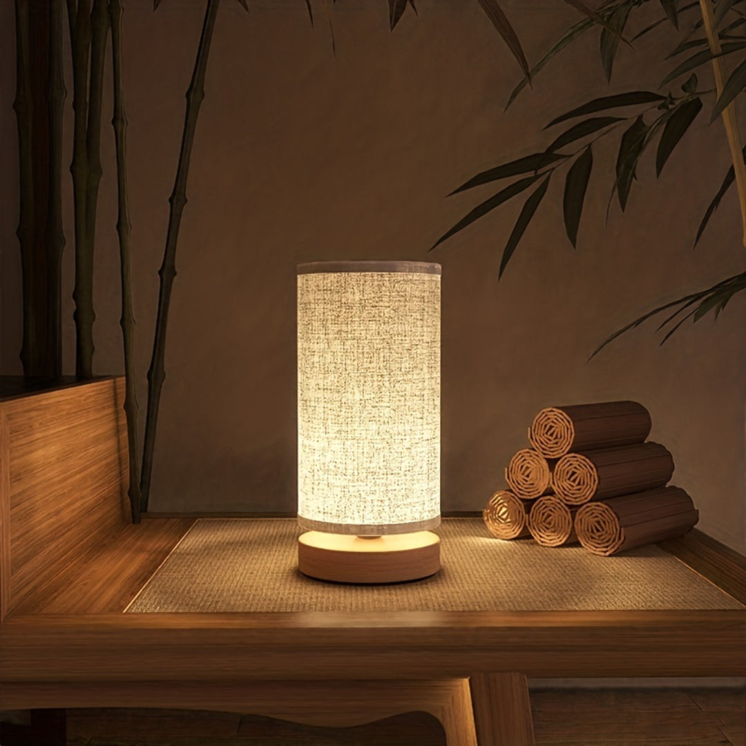 Lámpara de Mesa de Madera con Pantalla de Lino USB Noche