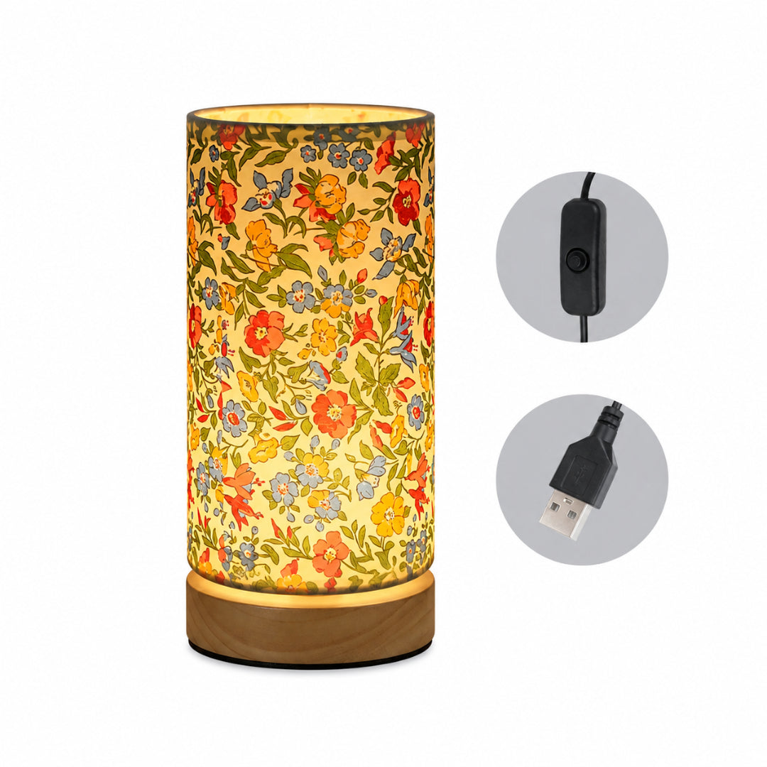 Lámpara de Mesa de Madera con Pantalla de Lino USB Noche
