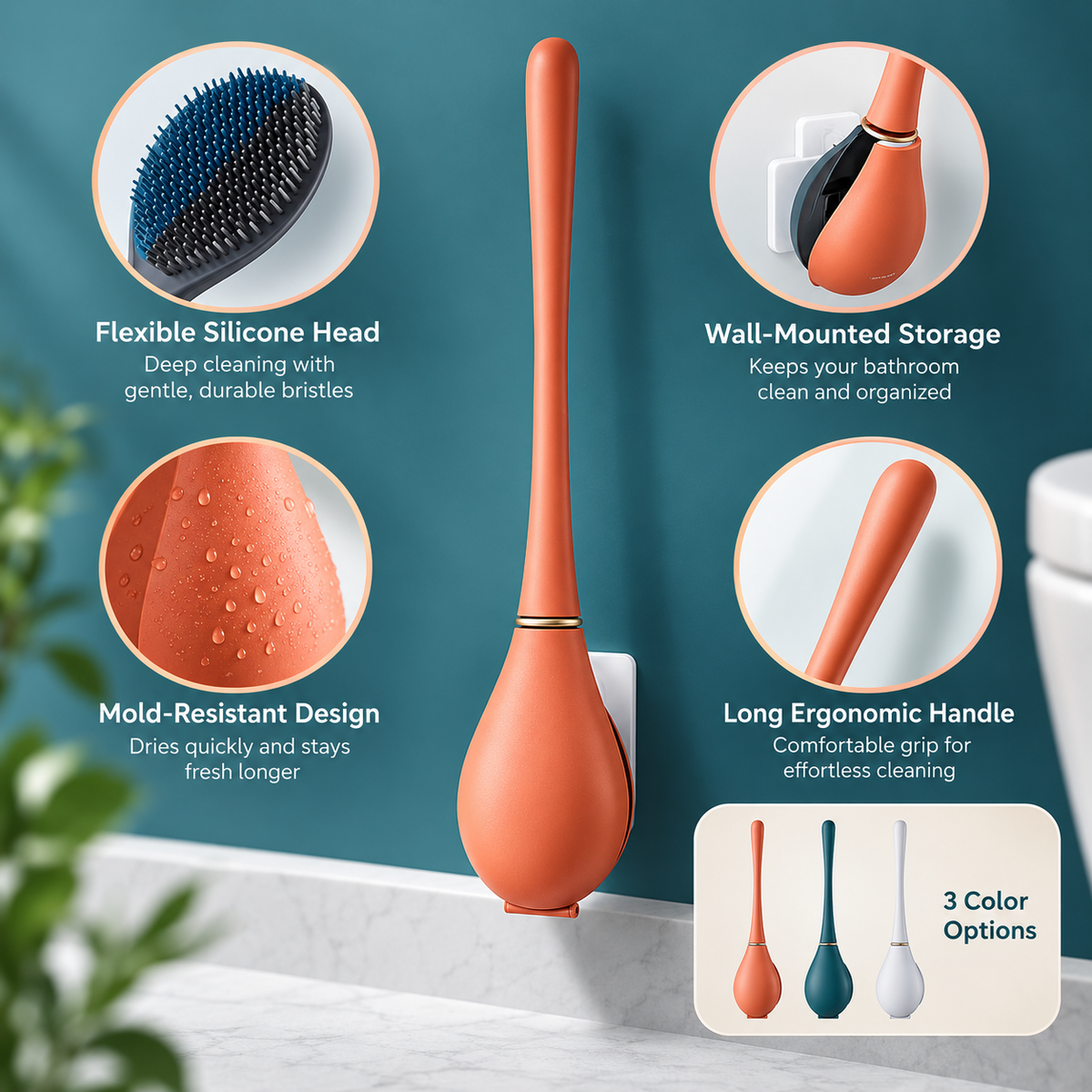 Escobilla de Baño de Pared Antimoho con Cabezal Flexible