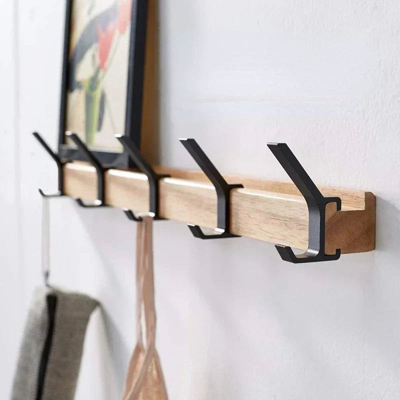 Perchero de Pared Nórdico con Ganchos Dobles Negro y Madera
