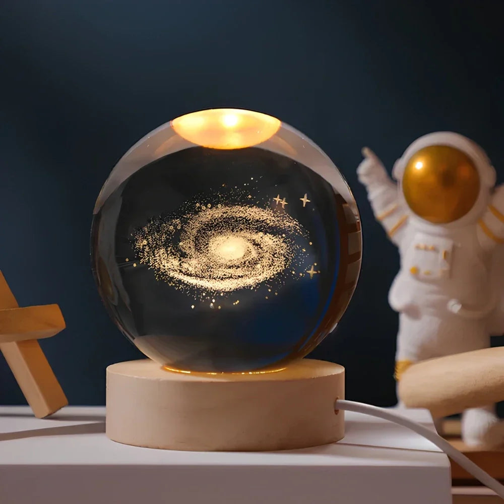 Lámpara Bola de Cristal con Grabado 3D y Luz LED Nocturna