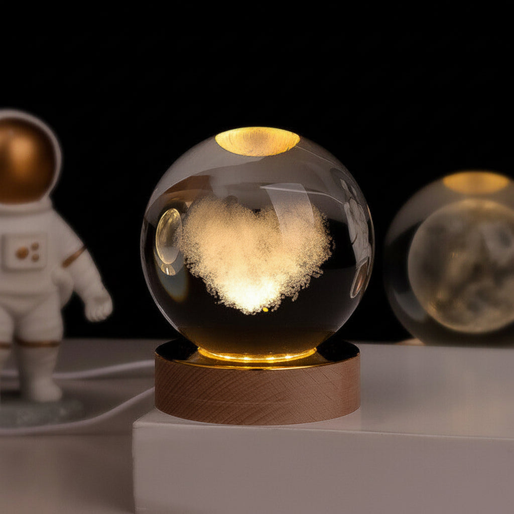 Lámpara Bola de Cristal con Grabado 3D y Luz LED Nocturna