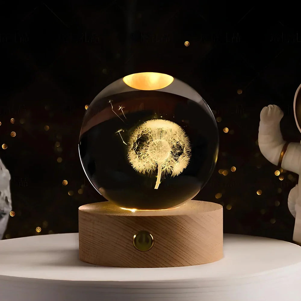 Lámpara Bola de Cristal con Grabado 3D y Luz LED Nocturna