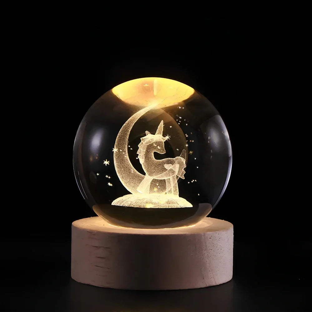 Lámpara Bola de Cristal con Grabado 3D y Luz LED Nocturna