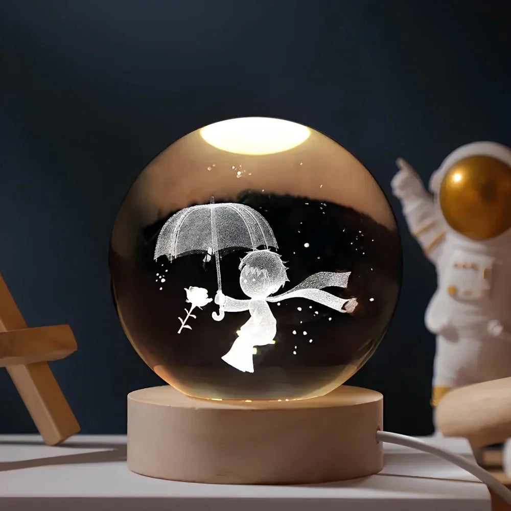 Lámpara Bola de Cristal con Grabado 3D y Luz LED Nocturna