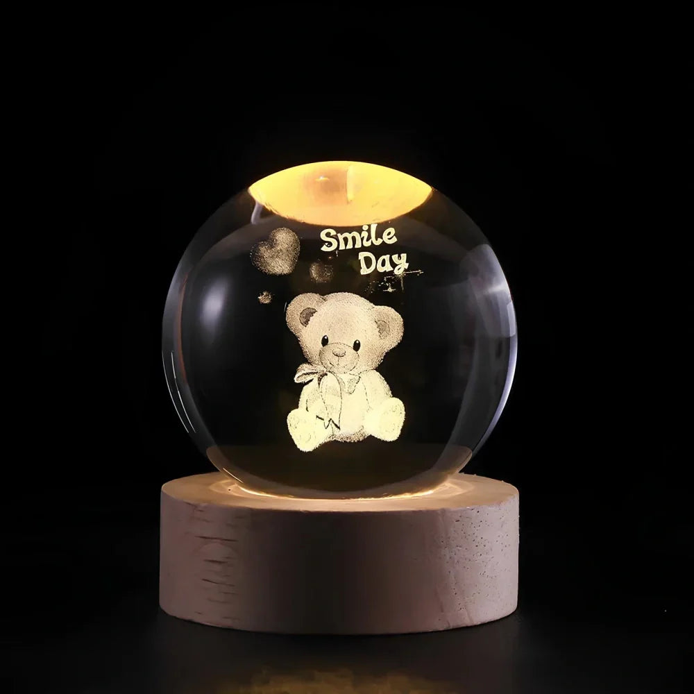 Lámpara Bola de Cristal con Grabado 3D y Luz LED Nocturna