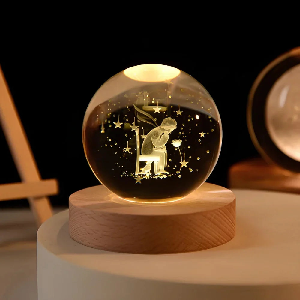 Lámpara Bola de Cristal con Grabado 3D y Luz LED Nocturna