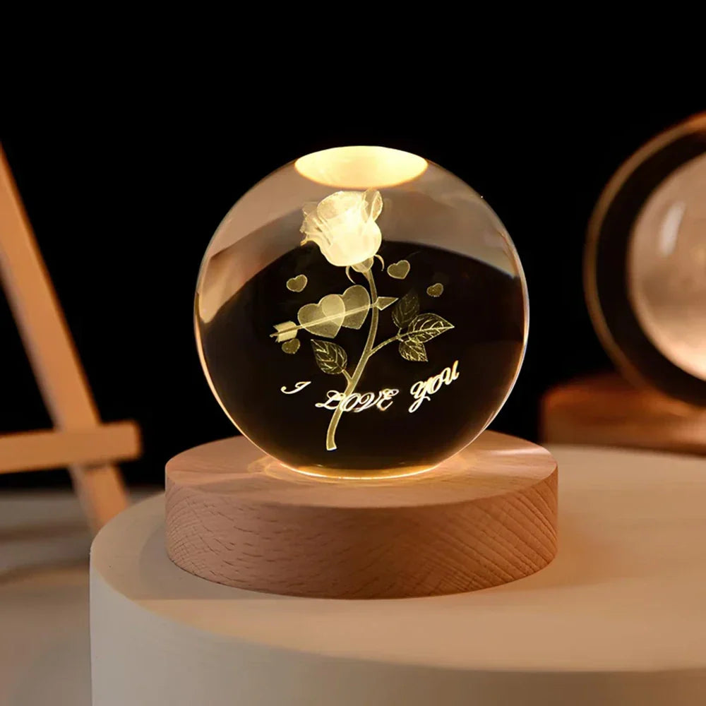 Lámpara Bola de Cristal con Grabado 3D y Luz LED Nocturna