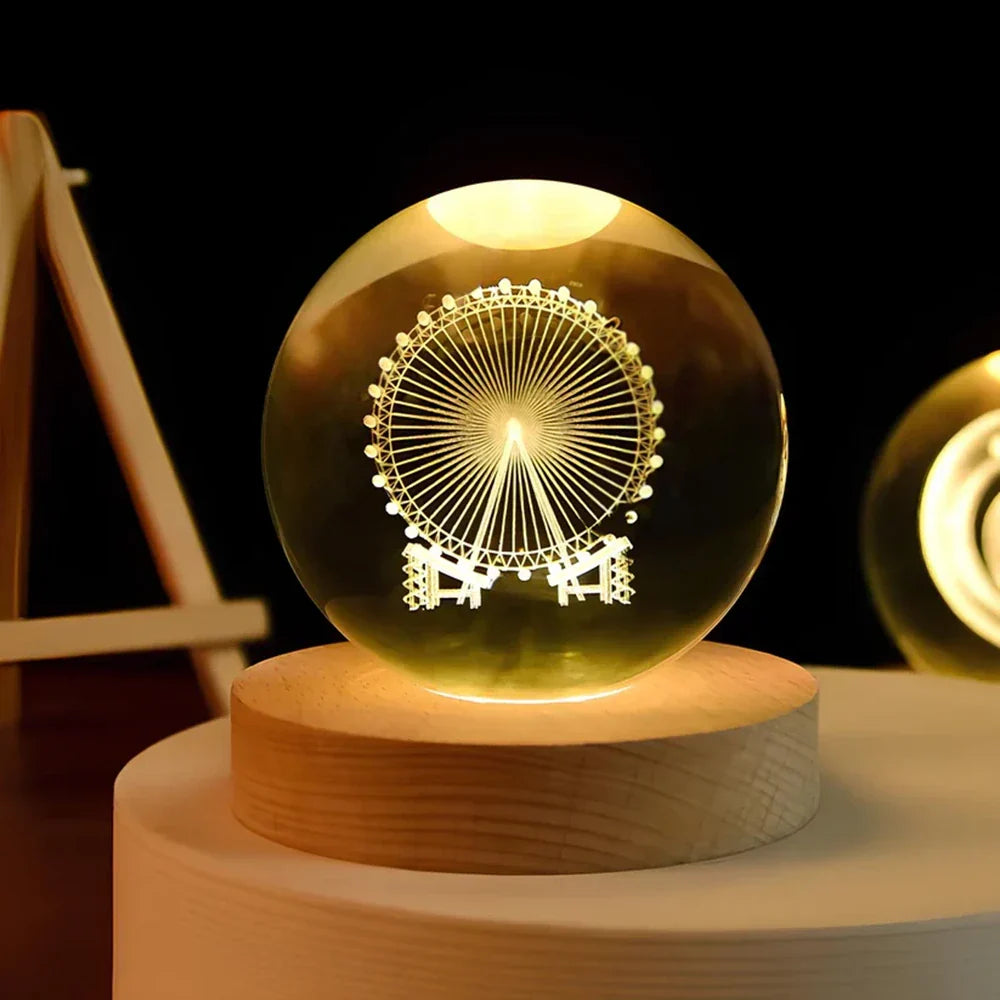 Lámpara Bola de Cristal con Grabado 3D y Luz LED Nocturna