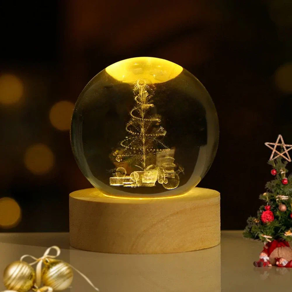 Lámpara Bola de Cristal con Grabado 3D y Luz LED Nocturna