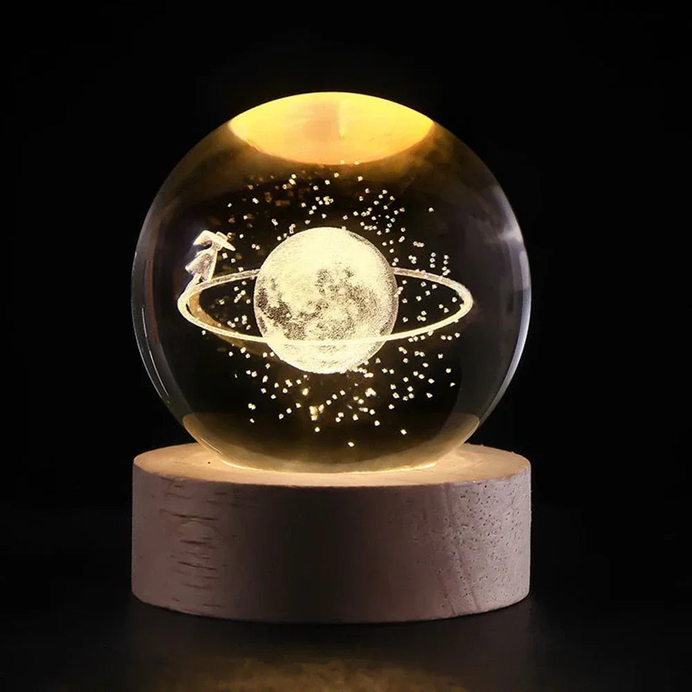 Lámpara Bola de Cristal con Grabado 3D y Luz LED Nocturna