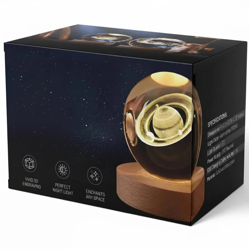 Lámpara Bola de Cristal con Grabado 3D y Luz LED Nocturna