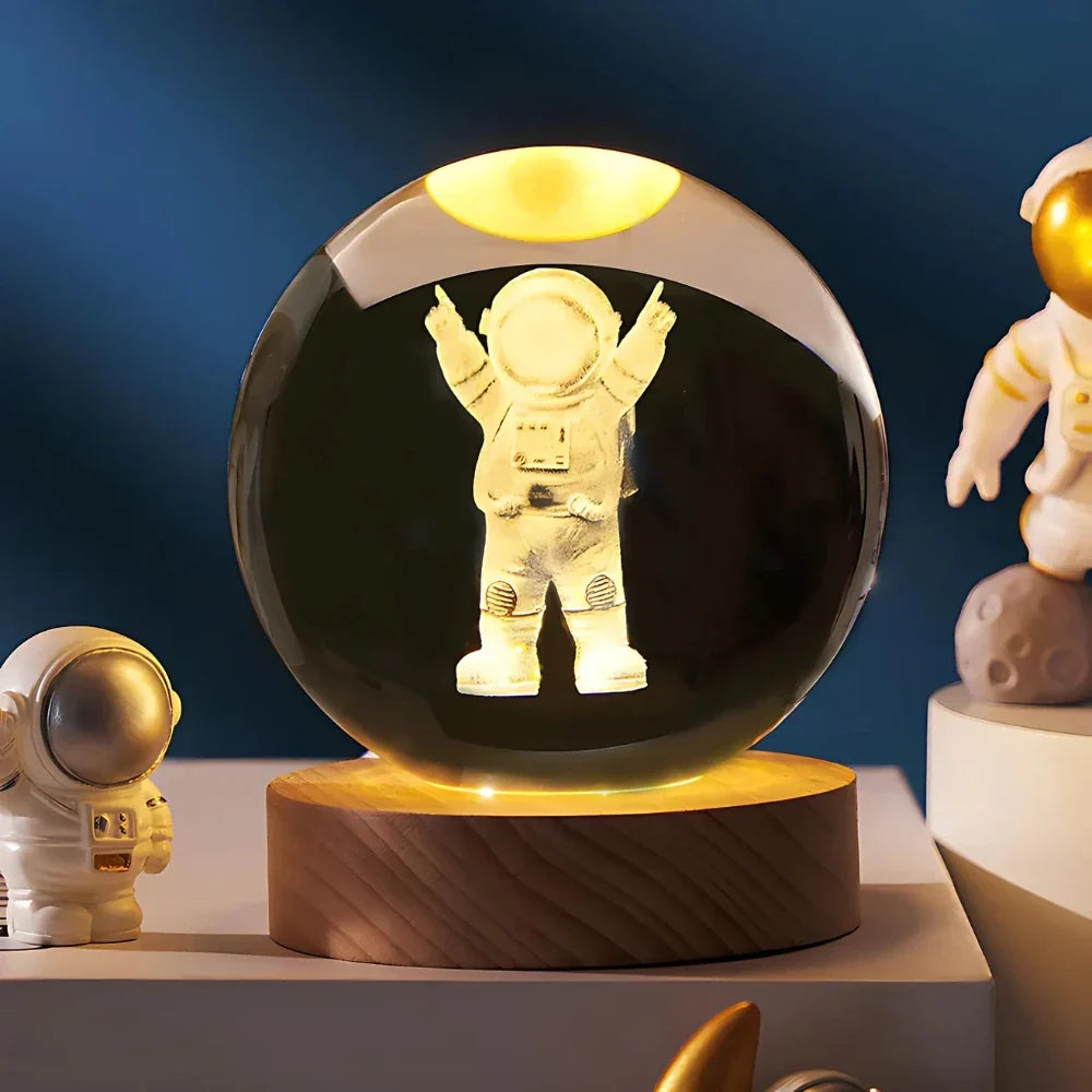 Lámpara Bola de Cristal con Grabado 3D y Luz LED Nocturna