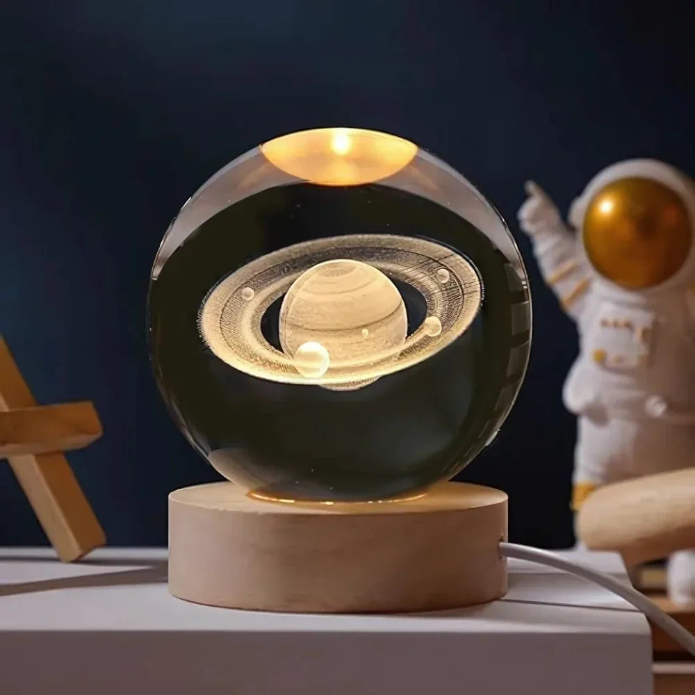 Lámpara Bola de Cristal con Grabado 3D y Luz LED Nocturna