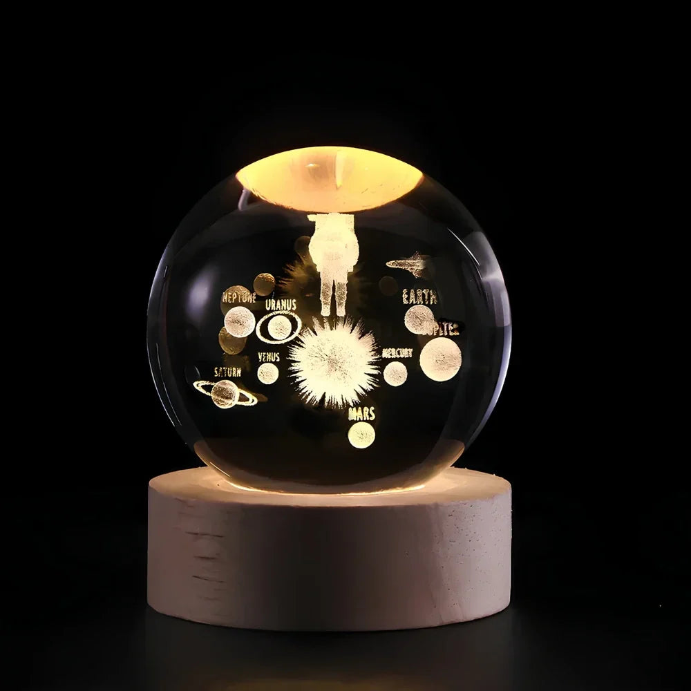 Lámpara Bola de Cristal con Grabado 3D y Luz LED Nocturna