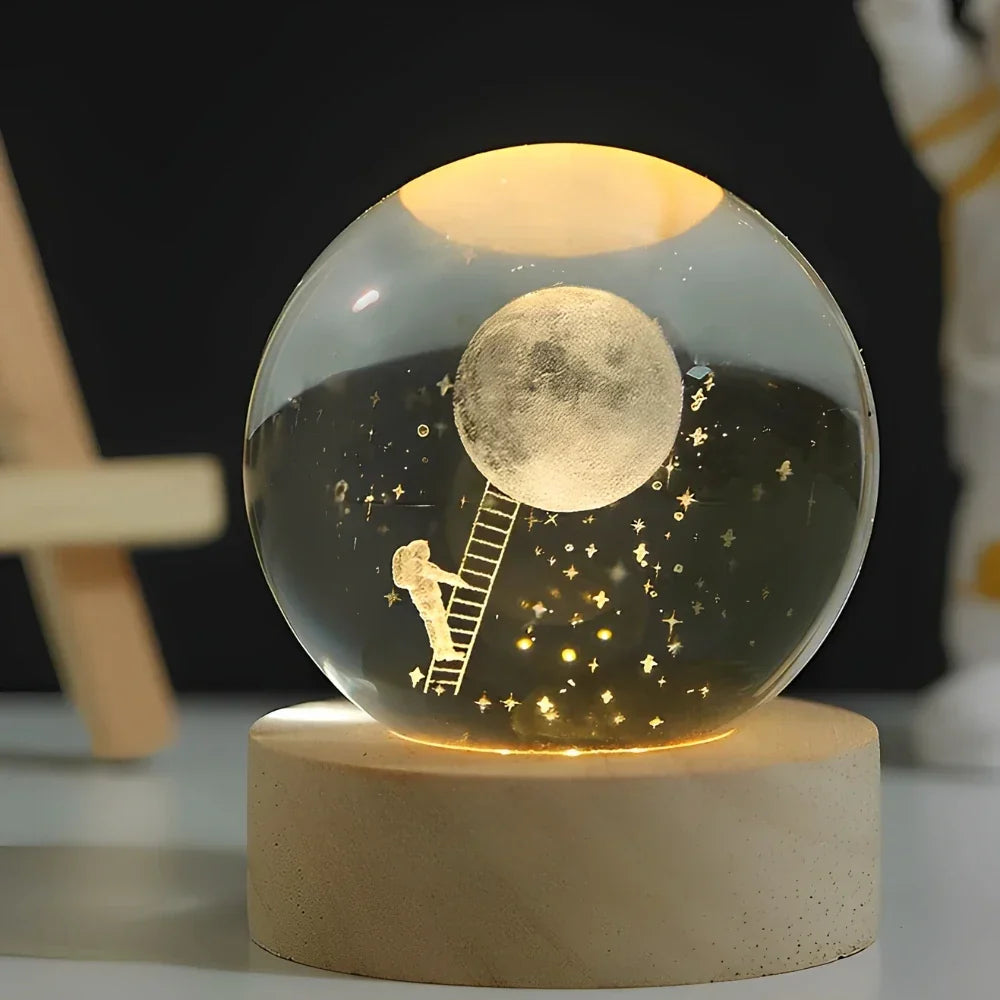 Lámpara Bola de Cristal con Grabado 3D y Luz LED Nocturna