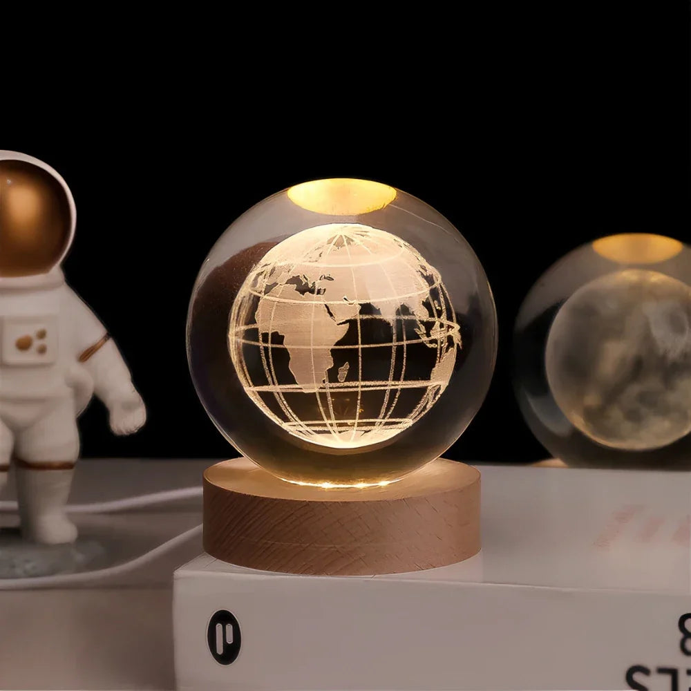 Lámpara Bola de Cristal con Grabado 3D y Luz LED Nocturna