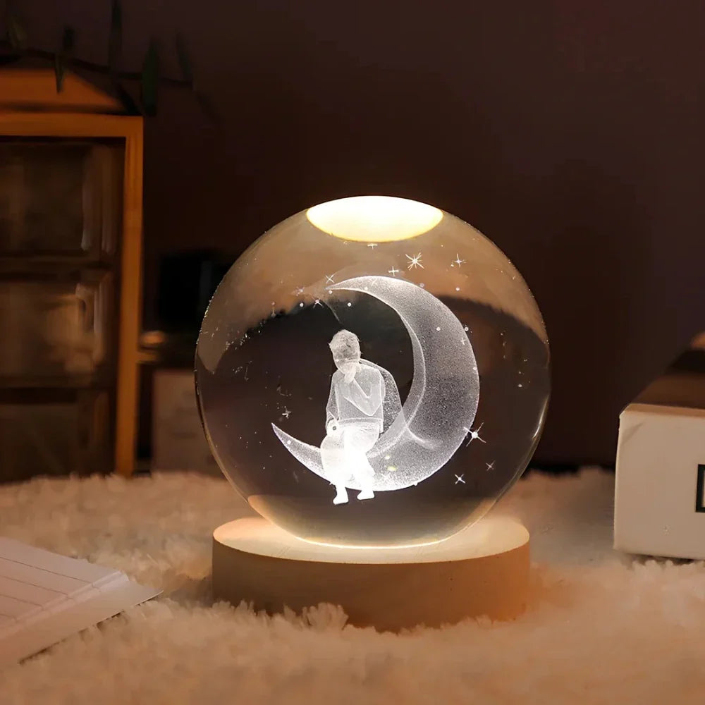 Lámpara Bola de Cristal con Grabado 3D y Luz LED Nocturna