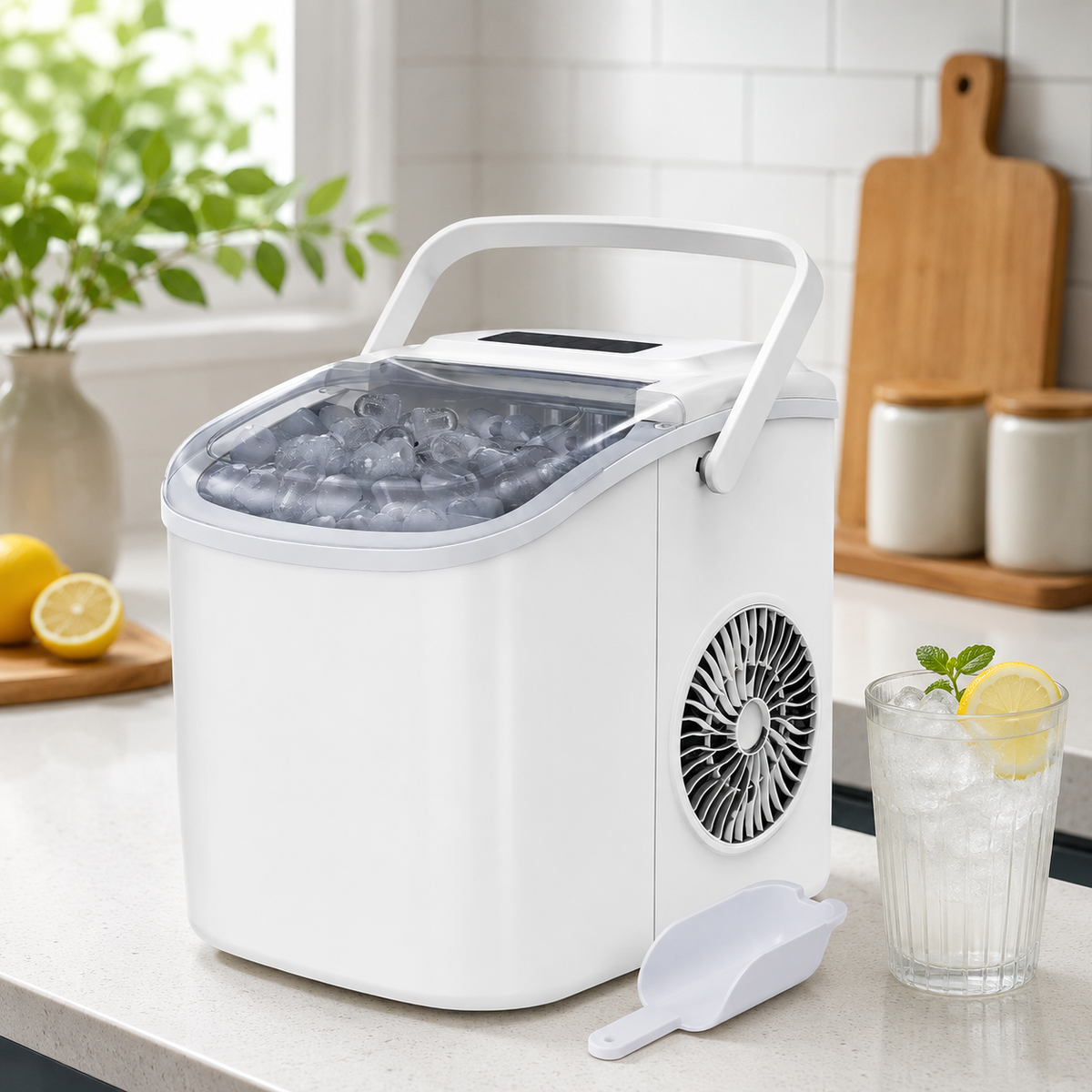 Máquina de Hielo Nugget Compacta Blanca con Enchufe UE