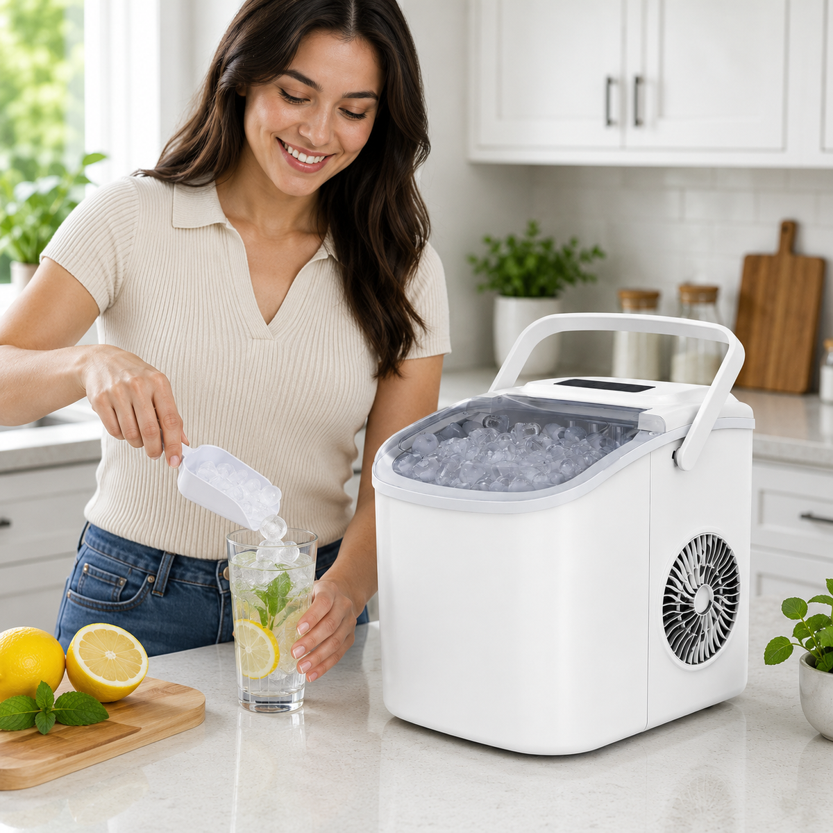 Máquina de Hielo Nugget Compacta Blanca con Enchufe UE