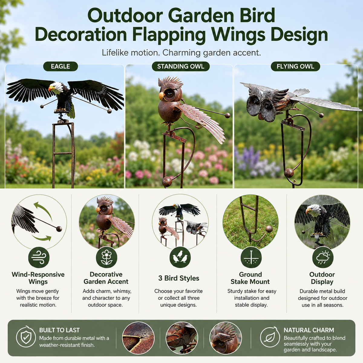 Pájaro de Jardín Decorativo con Alas que se Mueven al Viento