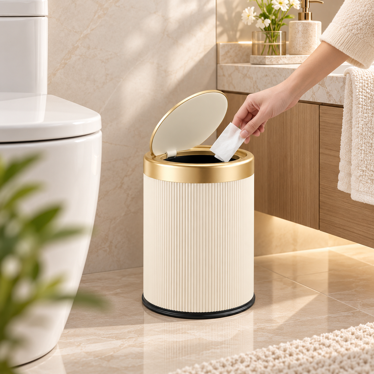 Papelera Ovalada con Tapa para Baño, Dormitorio y Oficina