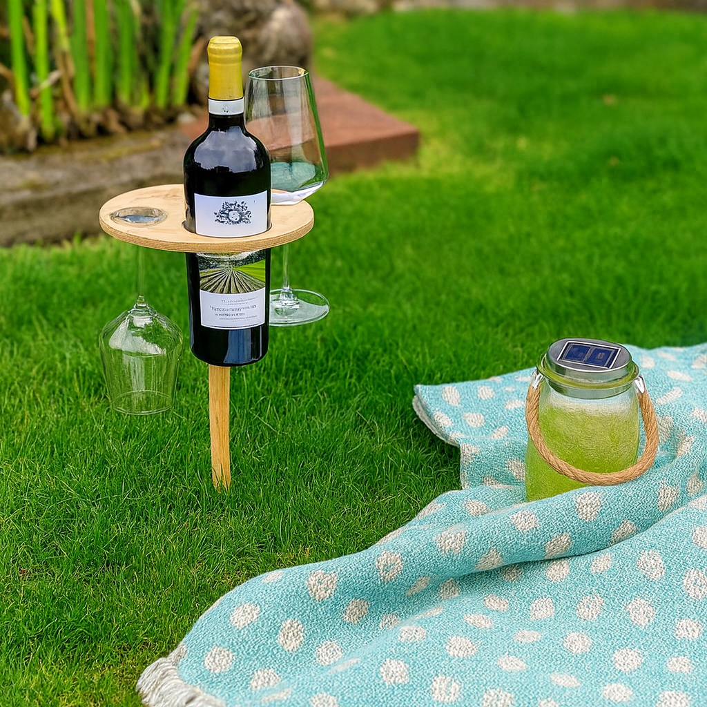 Mesa Auxiliar para Vino con Pincho para Picnic y Jardín