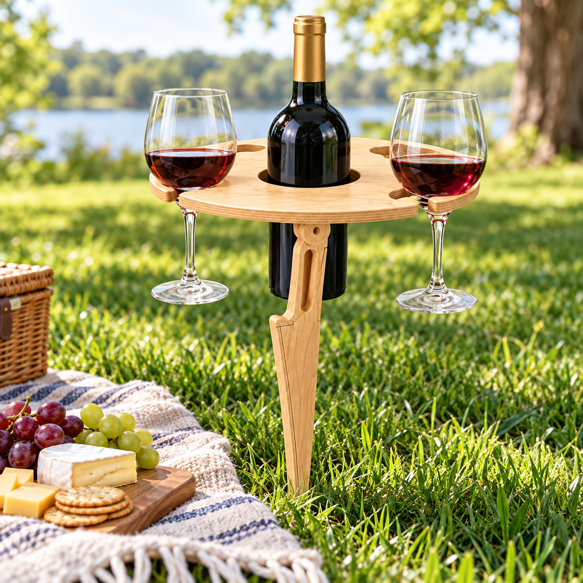 Mesa Plegable de Madera para Vino y Picnic con Soporte Copas