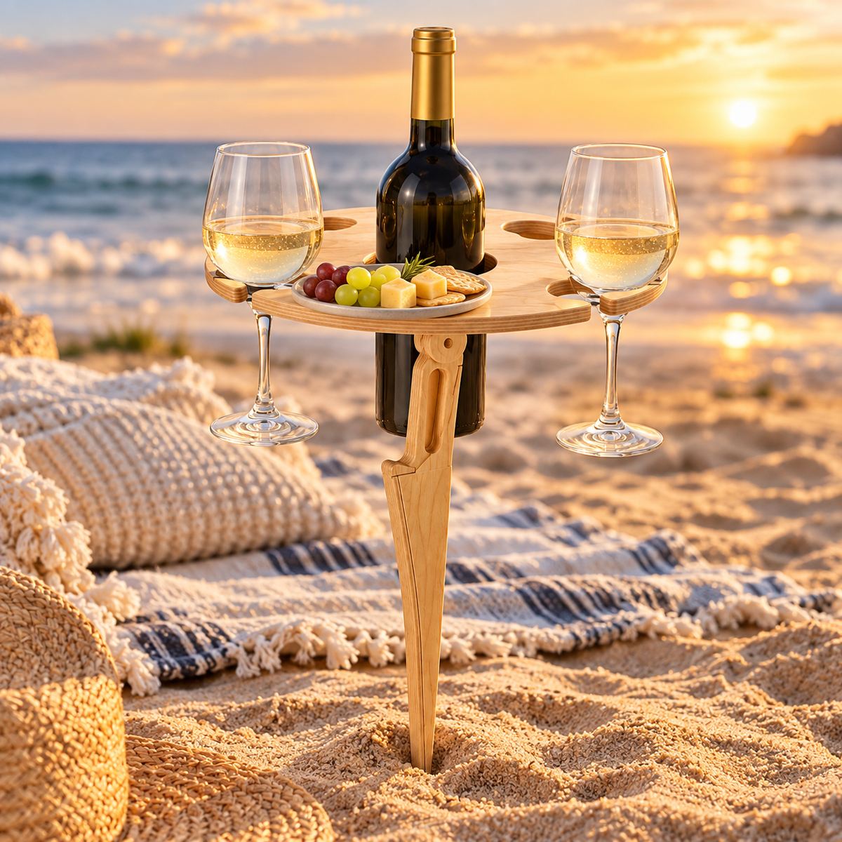 Mesa Plegable de Madera para Vino y Picnic con Soporte Copas