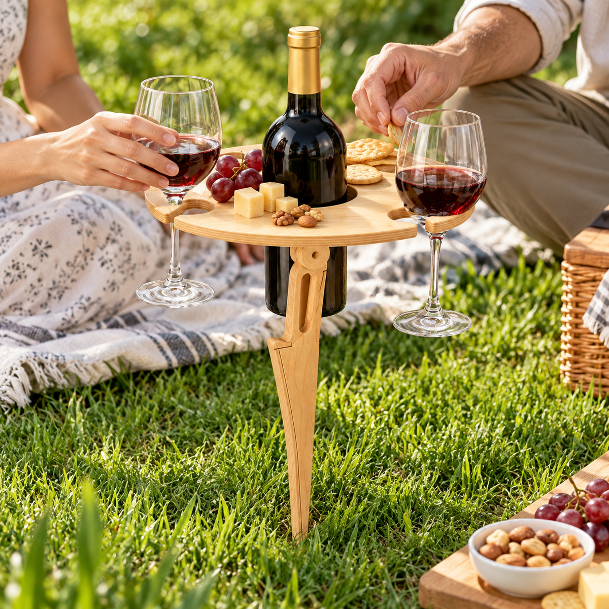 Mesa Plegable de Madera para Vino y Picnic con Soporte Copas