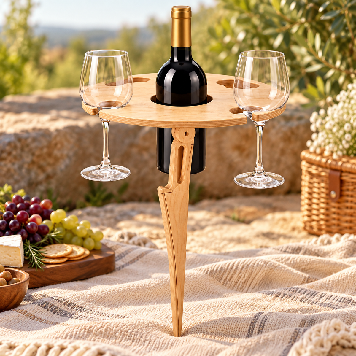 Mesa Plegable de Madera para Vino y Picnic con Soporte Copas