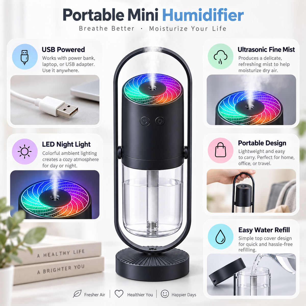 Mini Humidificador Portátil USB Silencioso con Luz Nocturna
