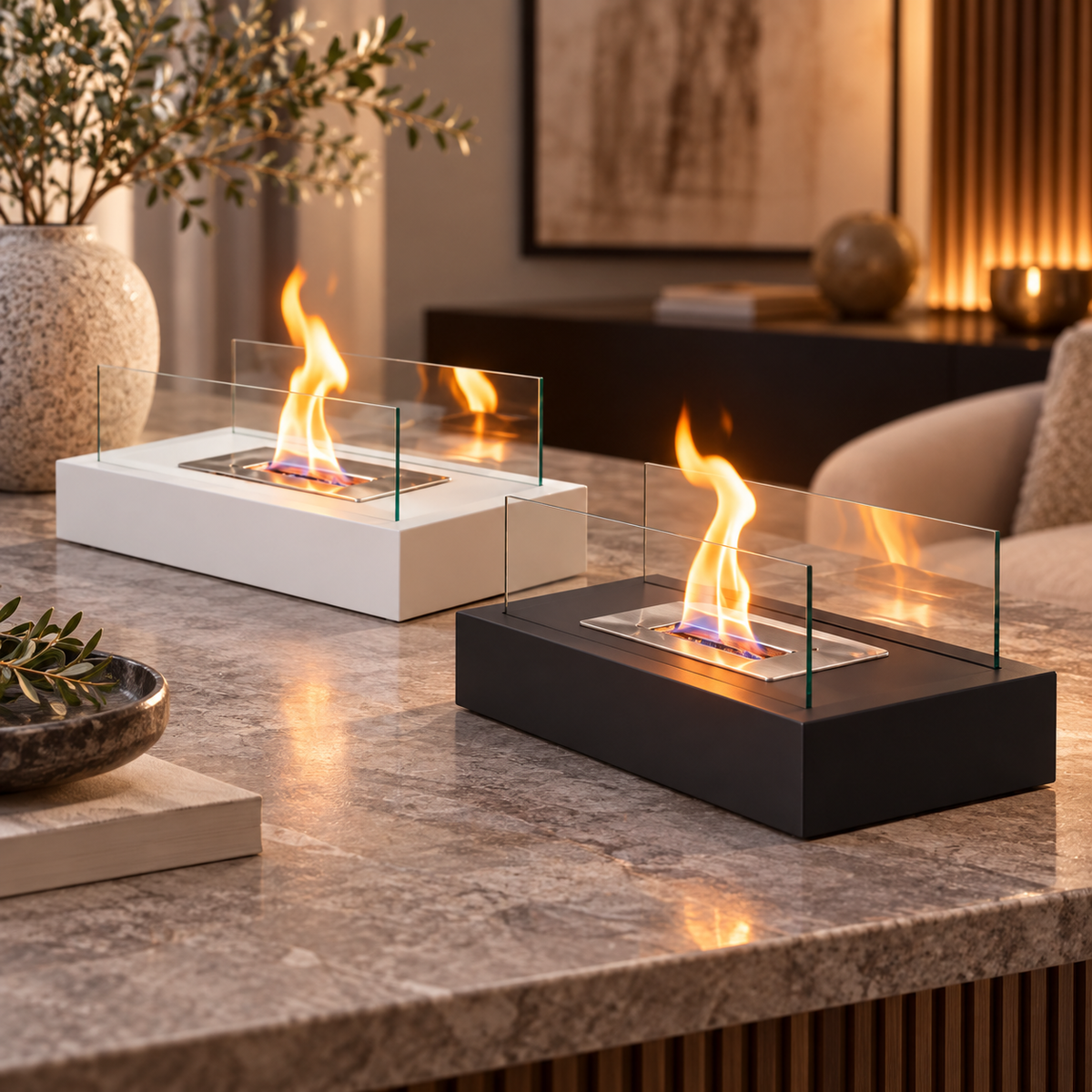 Chimenea de Mesa Portátil con Llama Real y Cristal Templado