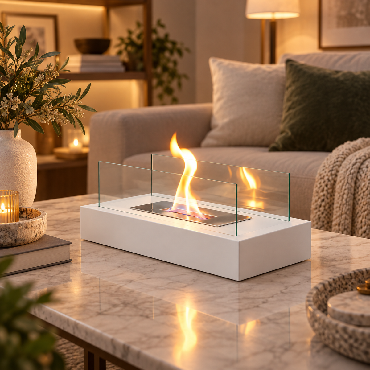 Chimenea de Mesa Portátil con Llama Real y Cristal Templado