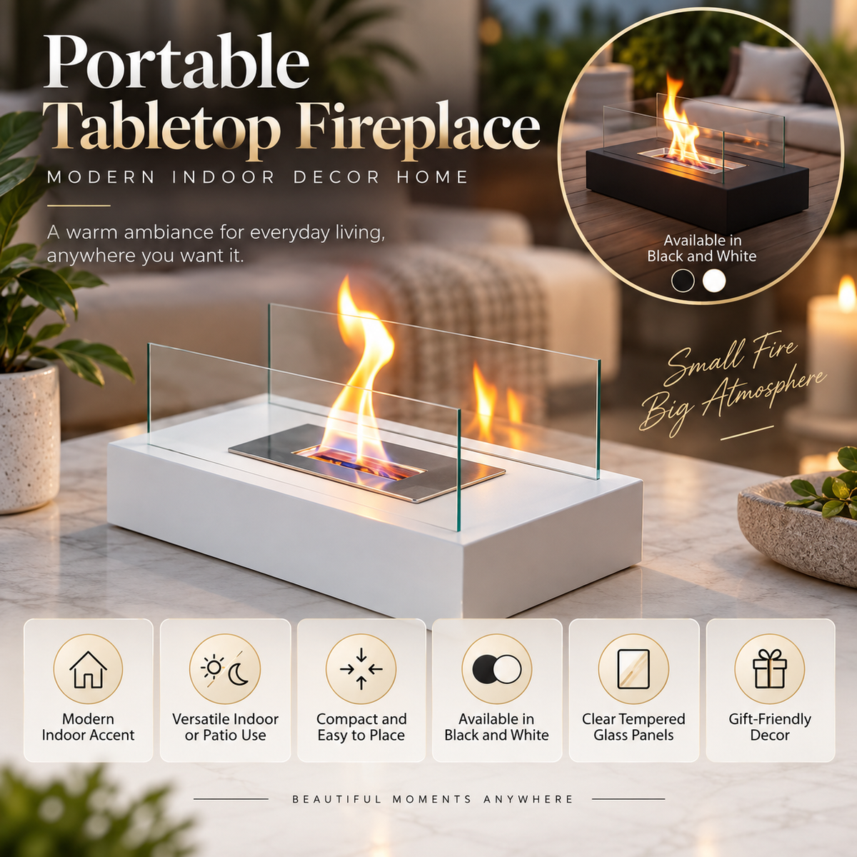 Chimenea de Mesa Portátil con Llama Real y Cristal Templado